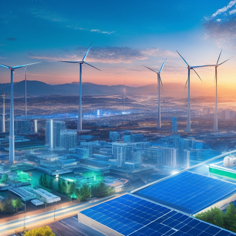 A futuristic, sleek illustration of interconnected renewable energy sources (solar panels, wind turbines, hydroelectric dam) powering a cityscape, with energy storage units (batteries, flywheels, capacitors) glowing with soft blue light.