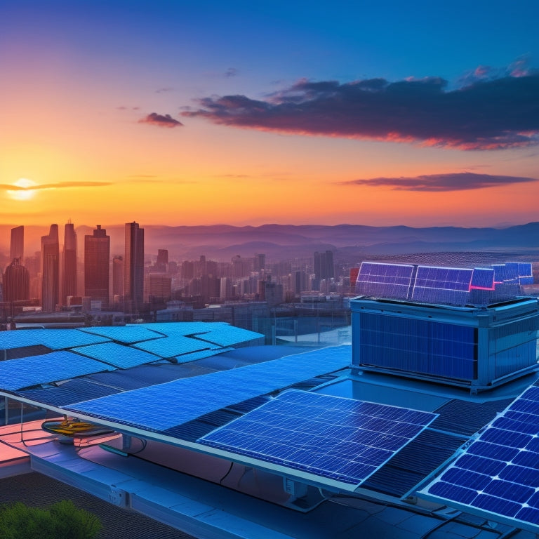 A futuristic illustration of a solar panel array on a rooftop, with a sleek inverter box in the foreground, surrounded by glowing blue circuits and wires, amidst a subtle cityscape at dusk.