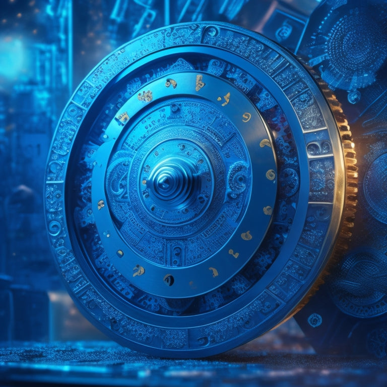 A shield protecting a clockwork mechanism with gears and cogs, surrounded by puzzle pieces falling into place, set against a dark blue background with subtle grid patterns and faintly glowing circuits.