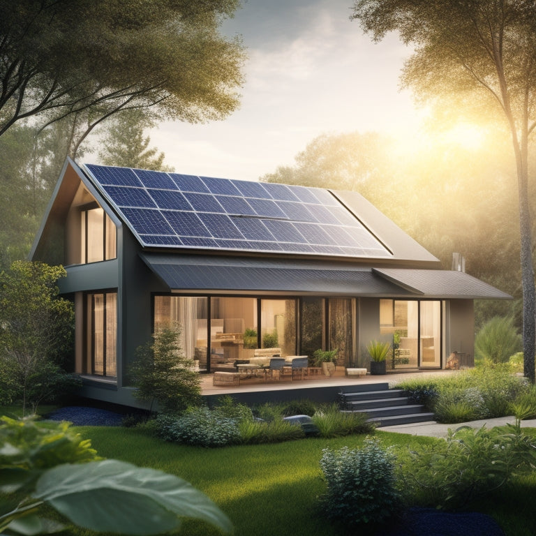 An illustration of a modern, eco-friendly home with solar panels on the roof, surrounded by lush greenery, with a subtle sunshine effect and a faint grid of energy-efficient lights glowing through the windows.