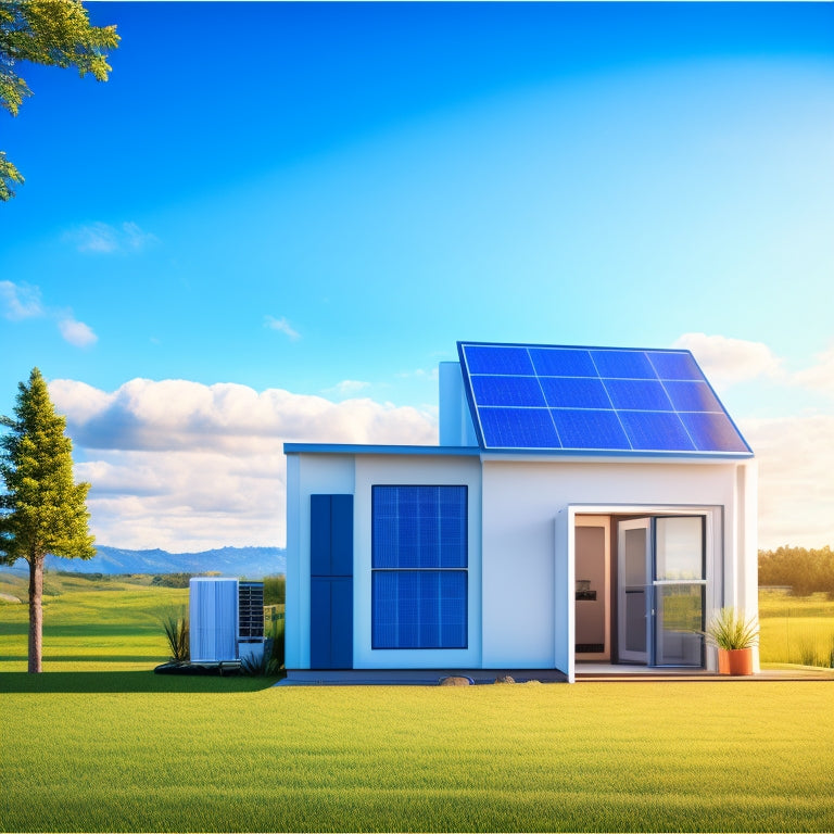 An illustration of a secure, modern home with a prominent battery storage system, surrounded by protective shields, locks, and warning symbols, set against a calm, blue-sky background.