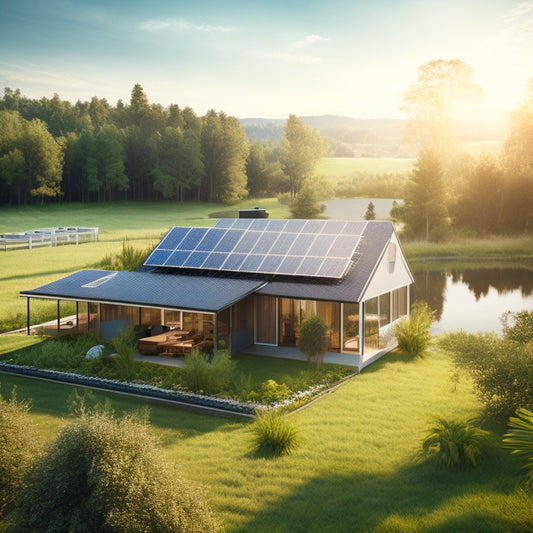 A serene rural landscape with a modern off-grid home, featuring a rooftop array of sleek, high-efficiency solar panels angled towards the sun, surrounded by lush greenery and a clear blue sky.