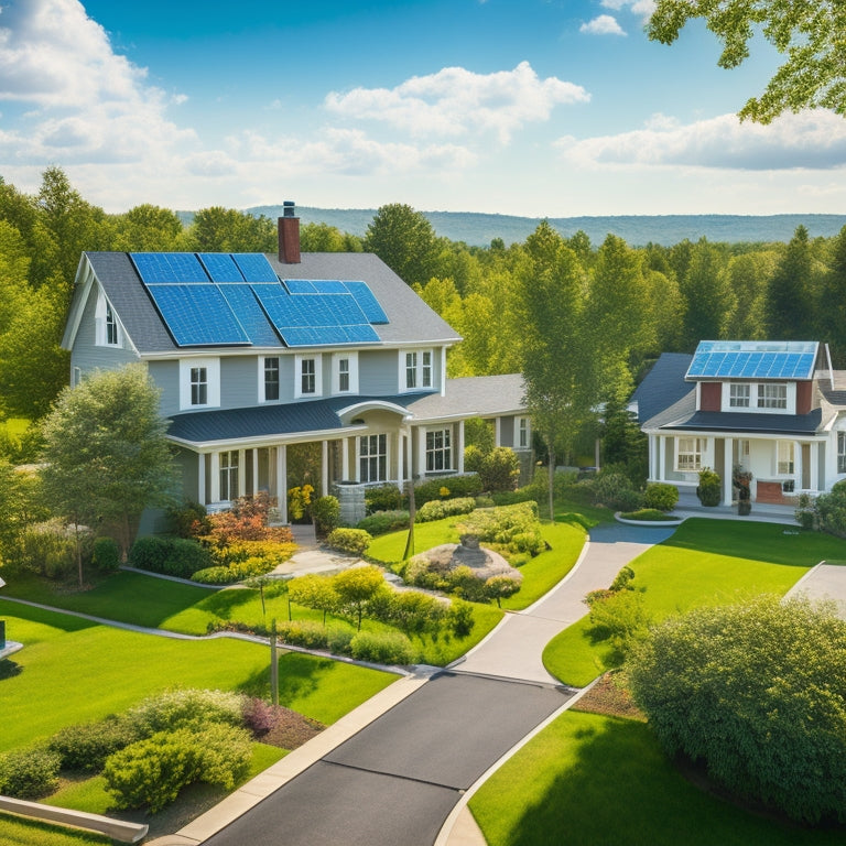 A serene suburban neighborhood with multiple homes featuring sleek, black solar panels seamlessly integrated into their rooftops, surrounded by lush green trees and a bright blue sky with fluffy white clouds.