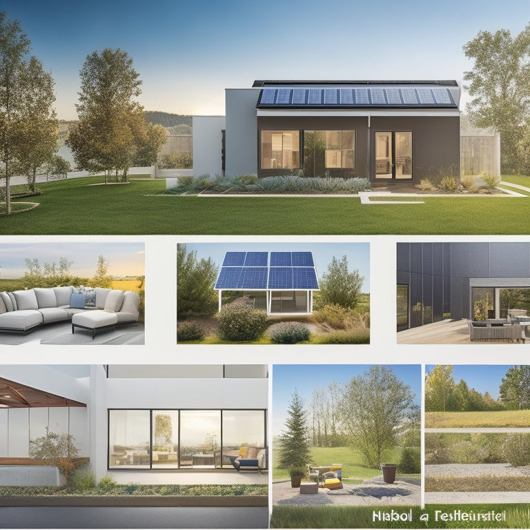 Illustrate a serene, sunny backyard with a modern, sleek solar panel array on the roof, accompanied by a step-by-step diagram showcasing 10 numbered icons, each representing a distinct installation stage.