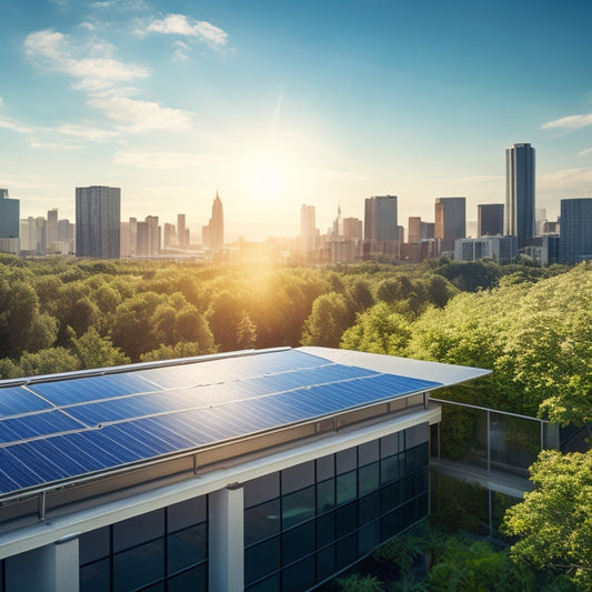 A serene, sun-drenched office rooftop with sleek, silver commercial solar panels installed, surrounded by lush greenery, with a subtle cityscape in the background, conveying a sense of sustainability.