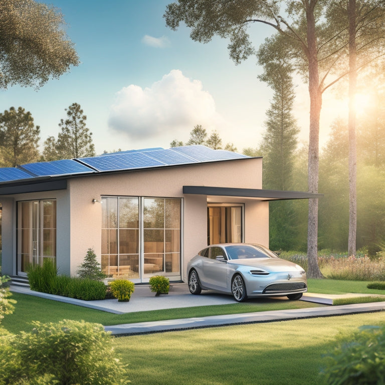 A serene landscape with a sleek, silver electric vehicle parked in front of a modern, eco-friendly home, surrounded by lush greenery, with a subtle solar panel array on the rooftop.