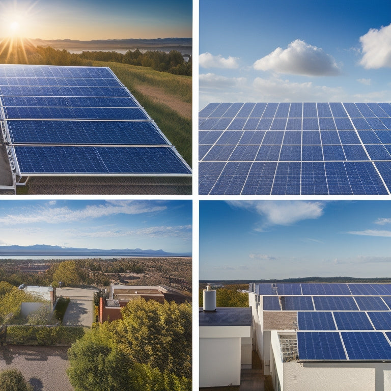 A split-screen image featuring a residential rooftop with different solar panel arrays, each with varying numbers of panels, inverters, and mounting systems, against a bright blue sky with fluffy white clouds.