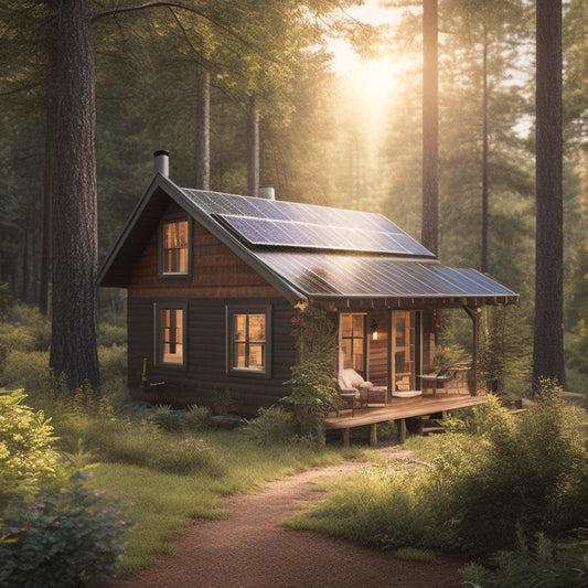 A serene off-grid cabin surrounded by lush greenery, with three small solar panels on the roof, a compact battery system on the porch, and a few energy-efficient appliances inside.