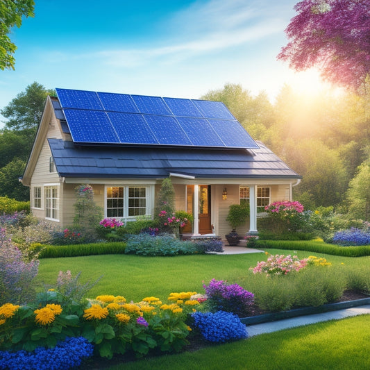 A serene suburban home with a compact solar panel array on the roof, connected to a small inverter and battery bank on the side, surrounded by lush greenery and a few blooming flowers.