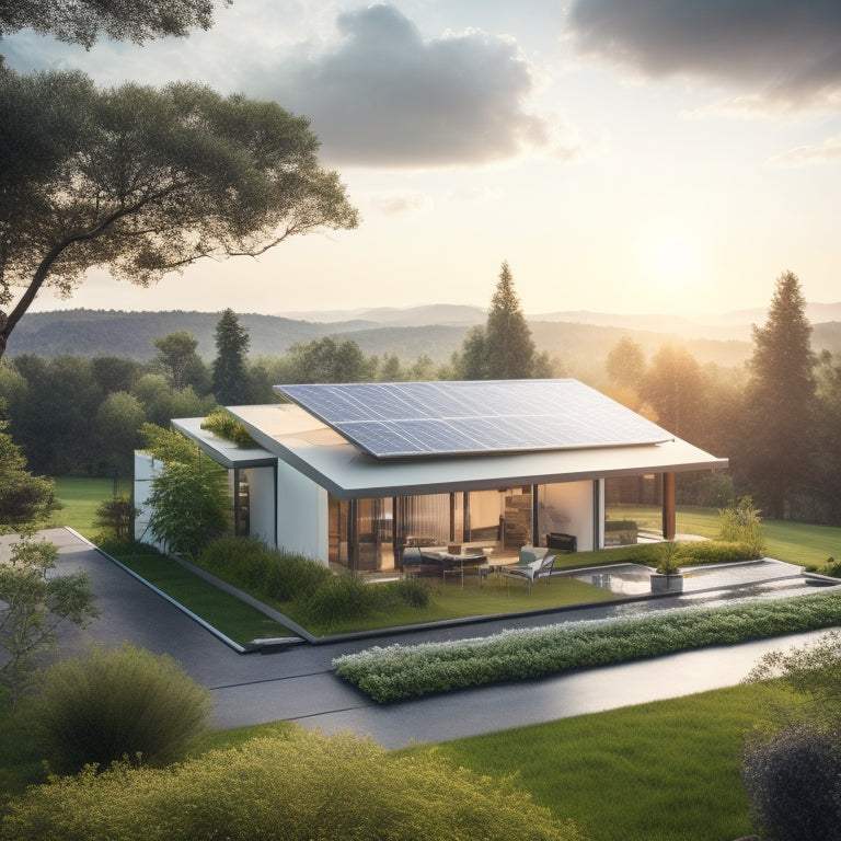 A serene landscape with a modern home in the center, surrounded by lush greenery, featuring a sleek solar panel array on the rooftop, with a subtle sunburst in the background.