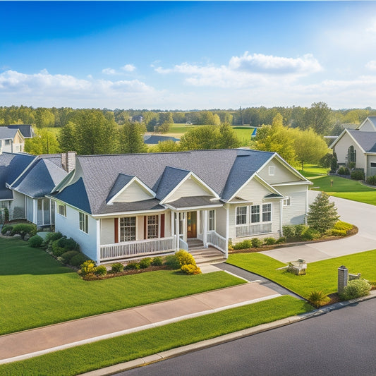 A serene suburban landscape with a mix of modern and traditional homes, each adorned with sleek solar panels, under a bright blue sky with a few puffy white clouds.