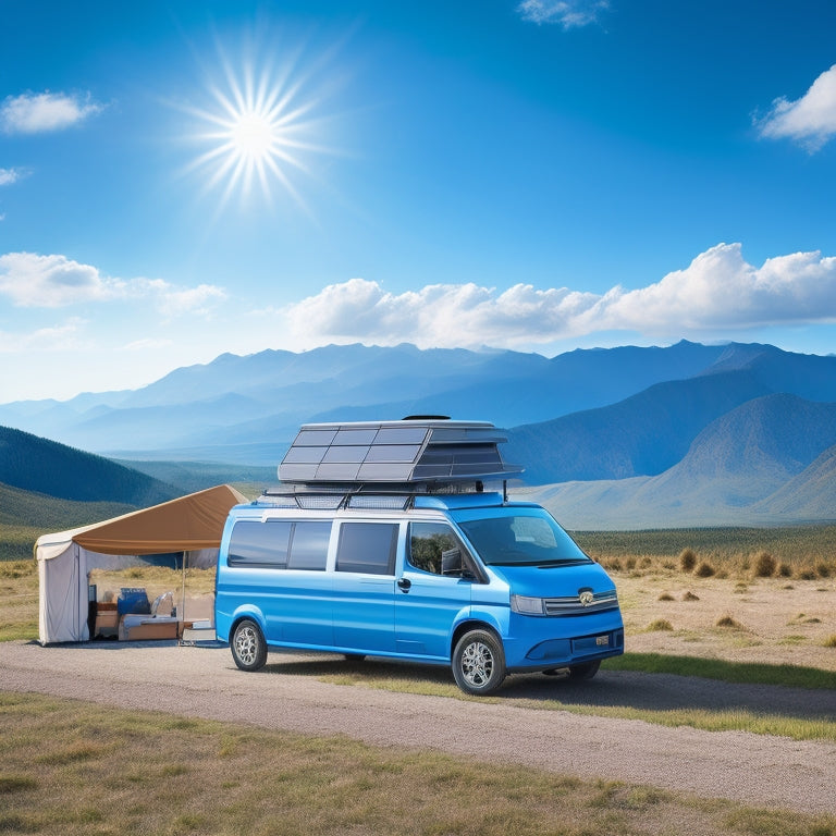 An illustration of a van's roof with multiple solar panels installed, set against a bright blue sky with a few fluffy clouds, surrounded by subtle camping and outdoor elements.