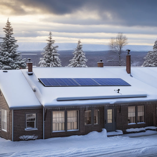 A snow-covered residential rooftop with a partially snow-encased solar panel array, with icicles hanging from the eaves and a gloomy, overcast winter sky in the background.