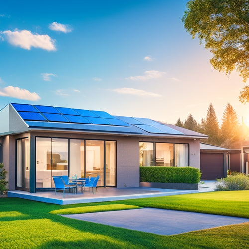 A modern, sleek home with solar panels on the roof, a Tesla Powerwall battery mounted on the exterior wall, and a green lawn with a few solar-powered pathway lights, set against a sunny blue sky.