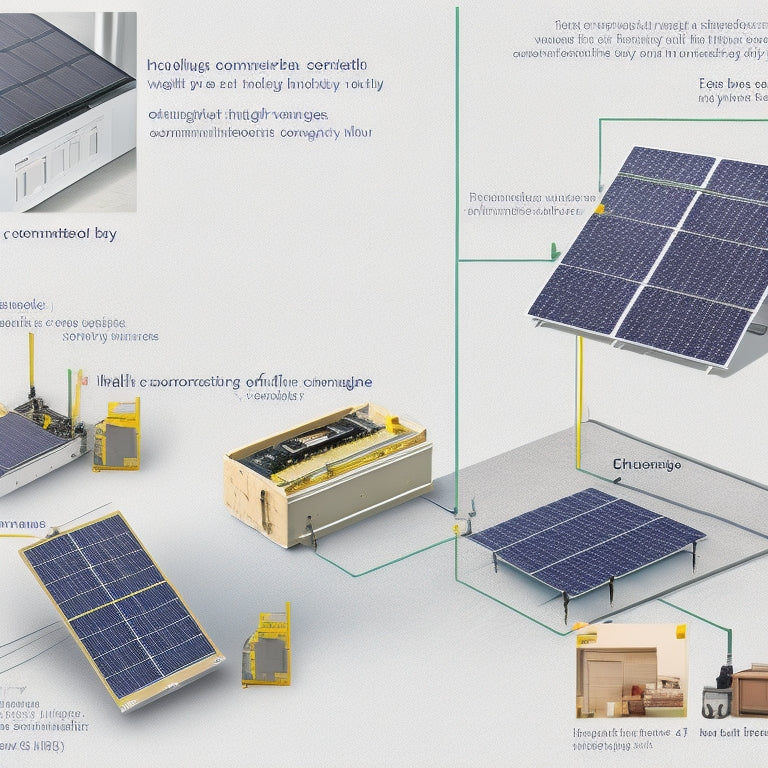 Illustrate a step-by-step solar panel wiring installation process: 7 numbered frames showing a roof, panels, connectors, wires, a charge controller, inverter, and battery bank, with arrows indicating connections.