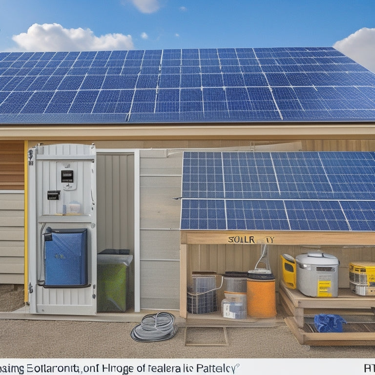 A diagram showing a solar panel array on a rooftop, connected to a charge controller, inverter, and battery bank in a nearby shed, with cables and conduits labeled and neatly organized.