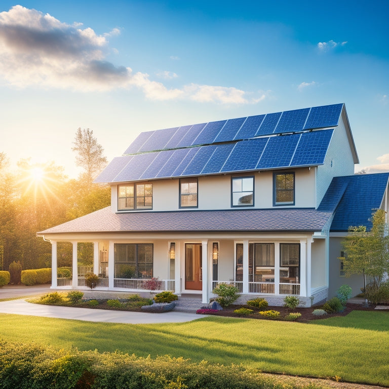 A serene suburban home with three different rooftop solar panels, each with distinct design and installation, set against a clear blue sky with a few wispy clouds and a subtle sun glare.