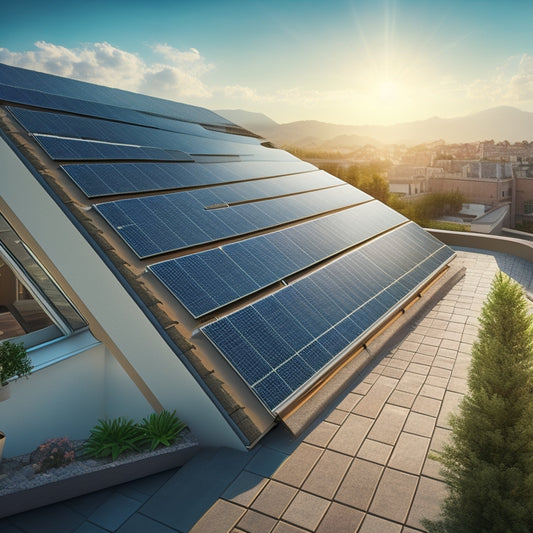 An illustration of a modern rooftop with a mixture of solar panels integrated into the architecture: panels embedded in tiles, built into windows, and curved around a skylight.