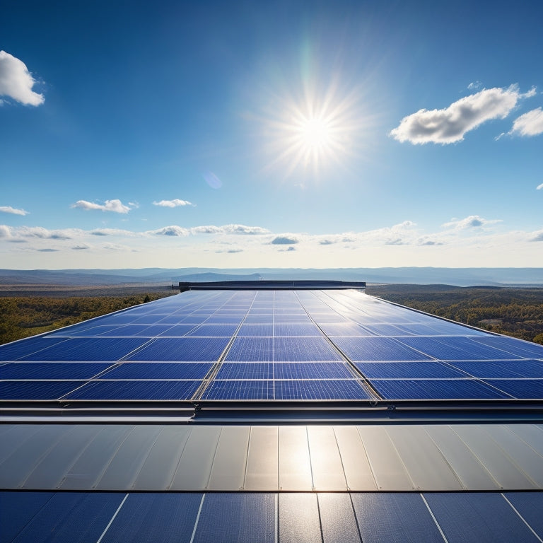 A futuristic rooftop with sleek, black solar panels featuring built-in batteries, surrounded by a subtle grid pattern, amidst a serene, cloudless blue sky with a few wispy cirrus clouds.