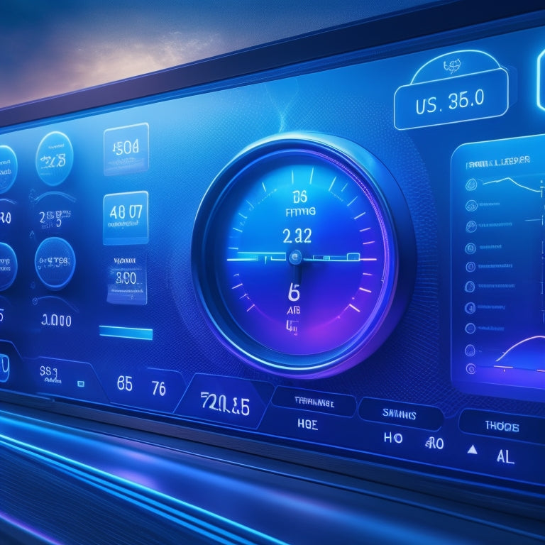 A futuristic dashboard with gauges, meters, and charts displaying various energy metrics, surrounded by sleek, modern architecture and subtle, glowing blue accents, against a dark, gradient background.