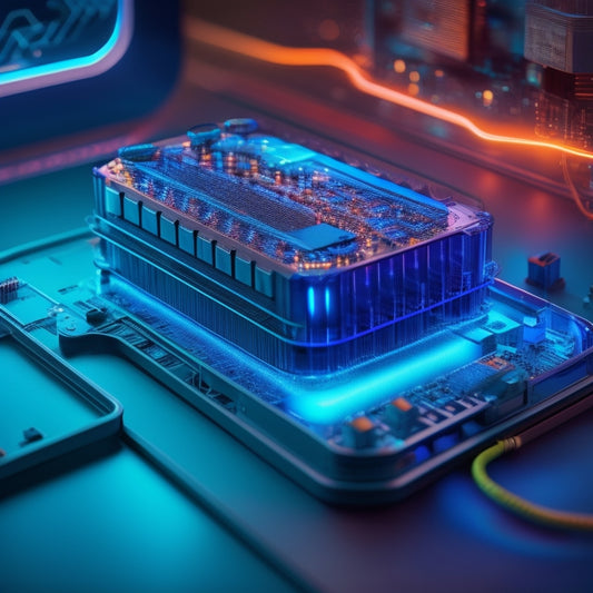 A futuristic, high-tech illustration of a cutaway electric vehicle battery, with glowing blue circuits, surrounded by intricate networks of wires and microchips, amidst a dark gradient background.