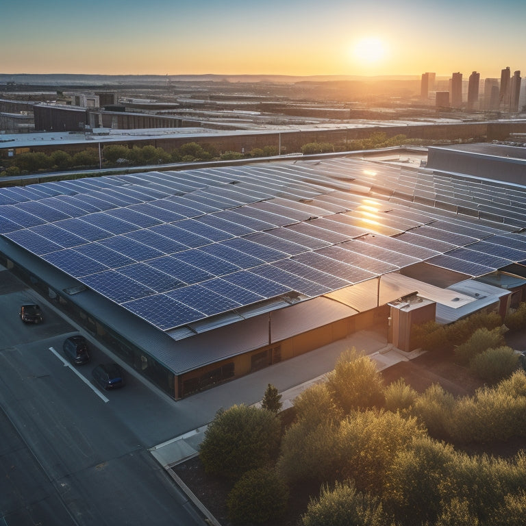 An aerial view of a large commercial building with a sprawling rooftop solar array, surrounded by a bustling cityscape, with sunlight reflecting off the panels and a subtle green glow emanating from the building.