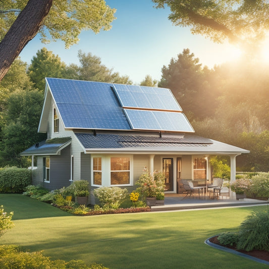 A serene suburban home with a mix of sunlit and shaded areas, featuring a sleek solar panel array on the roof, surrounded by blooming greenery and a clear blue sky.