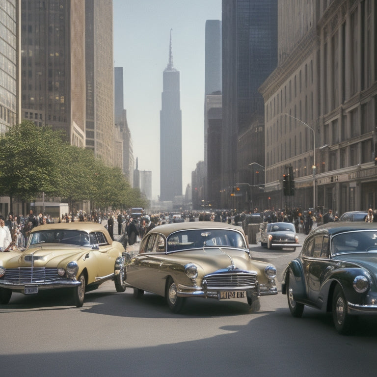 A bustling city center with sleek, modern cars of varying colors parked along the curb, with people of diverse ages and styles walking or standing nearby, amidst a blurred background of tall skyscrapers.