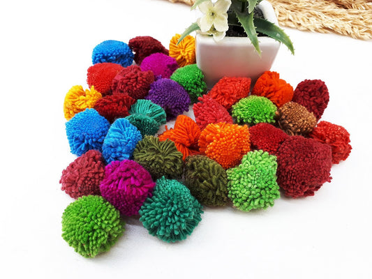 Handmade Pom Poms Hmong Hill Tribe Pom Pom Multi Color Pompom Cotton Yarn craft supplies decorations mix color 50 pcs - PC01-2.5
