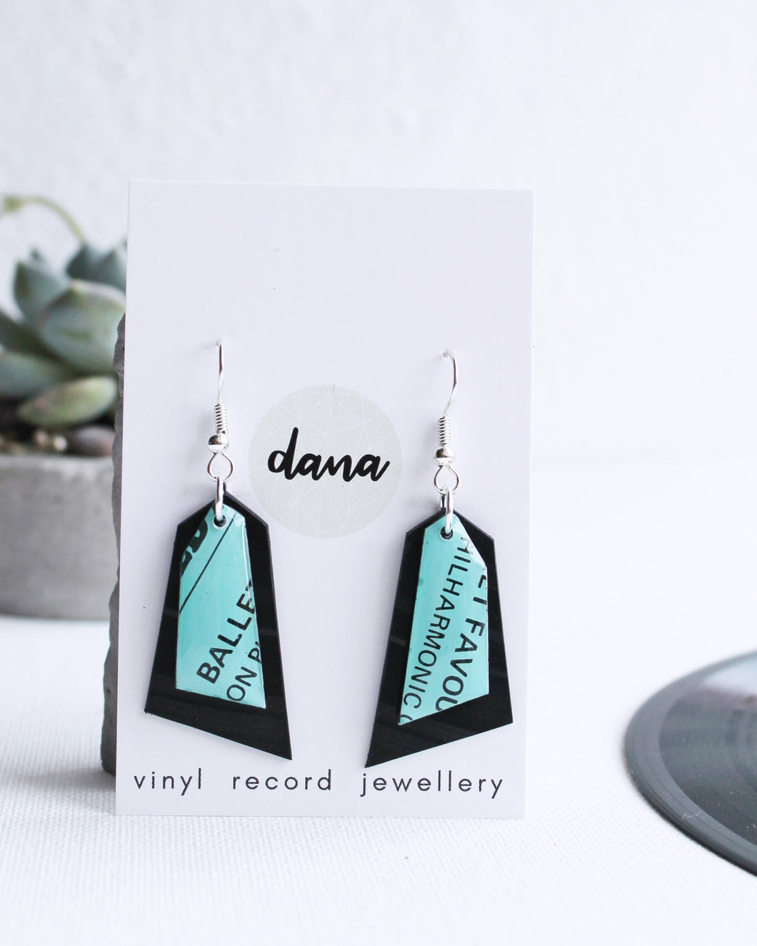 Handcrafted aqua recycled dangle earrings / ooak vinyl jewelry