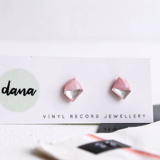 Minimalist geometric handcrafted pink and silver stud earrings / vinyl record jewelry