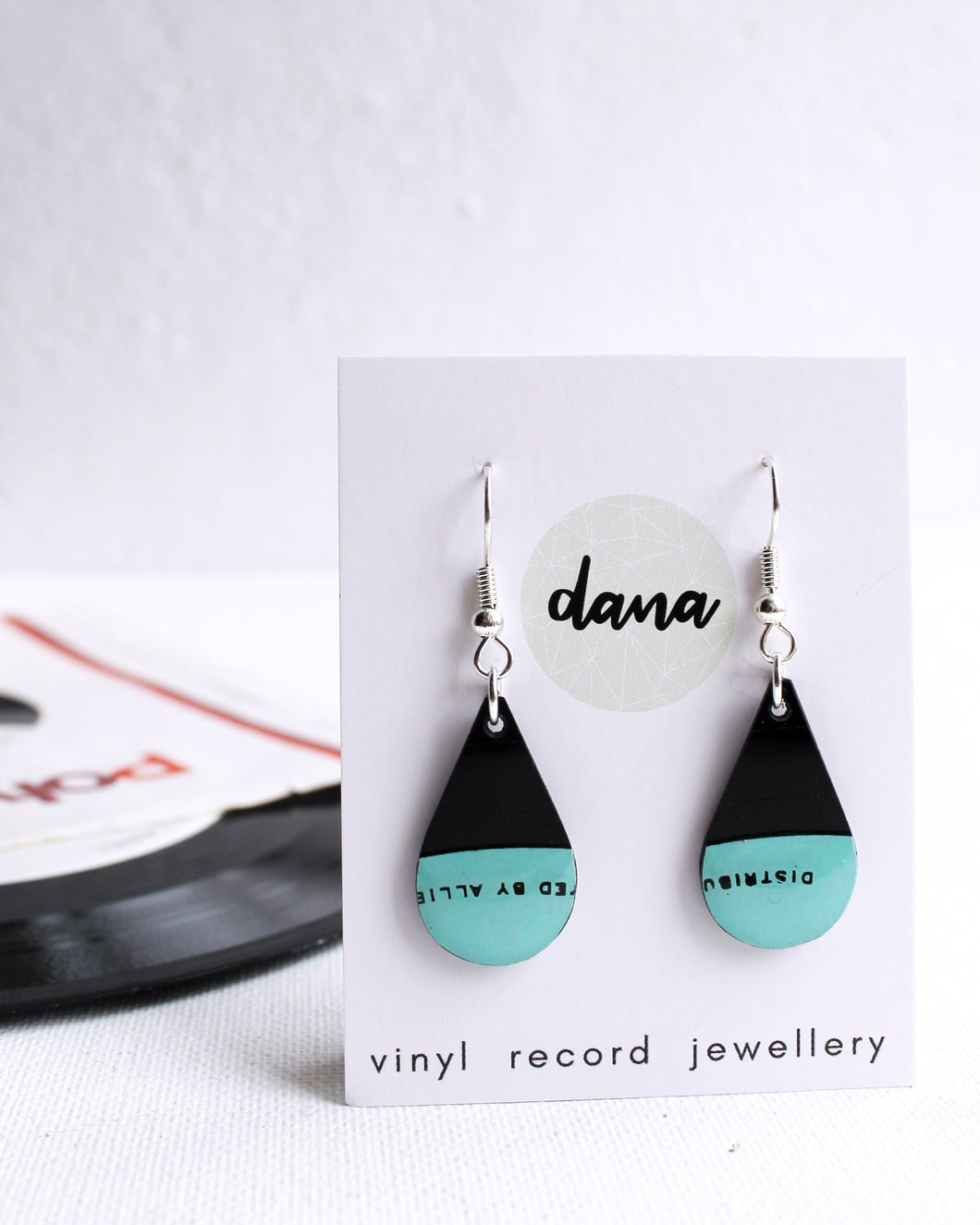 Handcrafted small aqua teardrop vinyl record earrings