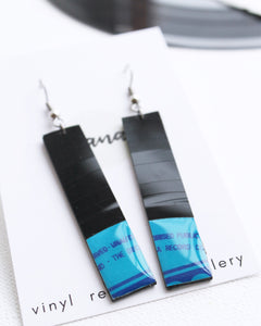 Handcrafted recycled rectangle earrings from vinyl records / black and blue earrings