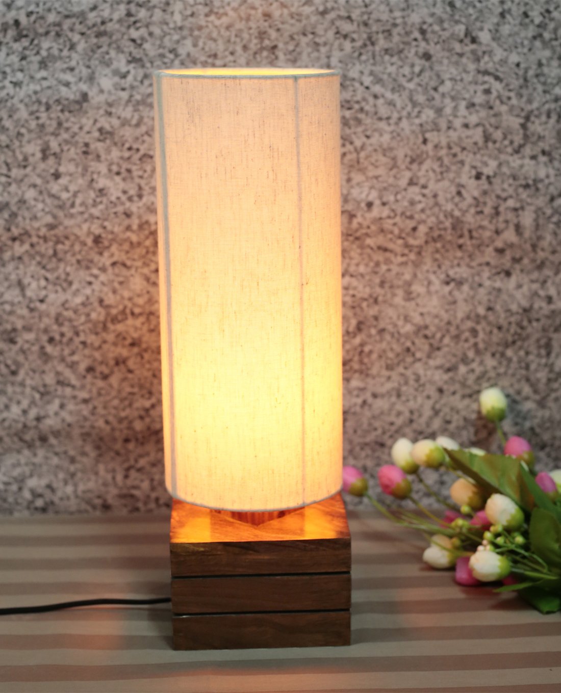 Wooden Table Lamp With Unique Combination Of Round Shade And Square Base