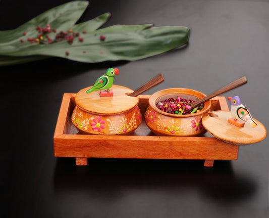 Wooden Orange Tray Jar Set With Two Handi And Cute Parrots