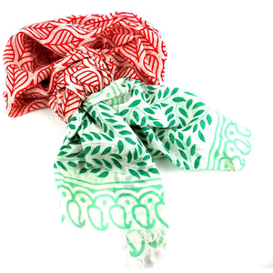 Red and Green Leaf Design Cotton Scarf - Asha Handicrafts