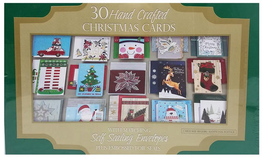 Hand Crafted 30-Count Christmas Cards with Self Sealing Embossed Foil Envelopes