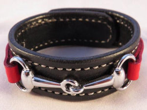 LEATHER HORSE BIT BRACELET Handmade Red & Black with Silver Equestrian Snaffle