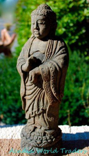 Standing Buddha on Lotus Garden Statue handcrafted cast lava stone Bali art 16"