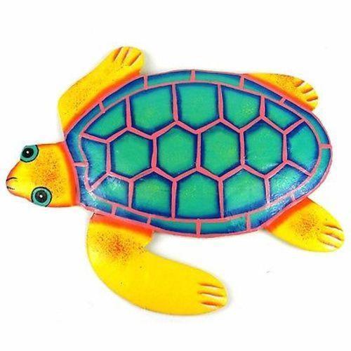 Hand Painted Metal Turtle Yellow and Teal Design - Caribbean Craft