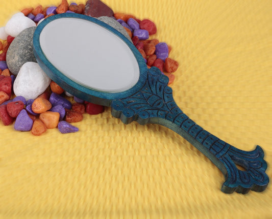 Wooden Hand Mirror Royal Look Big Blue Oval