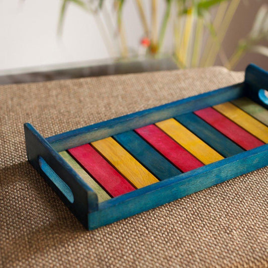 Multi coloured Blue Wooden Serving Tray In Steam Beach Wood
