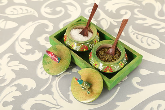 Wooden Green Tray Jar Set With Two Handi And Cute Parrots