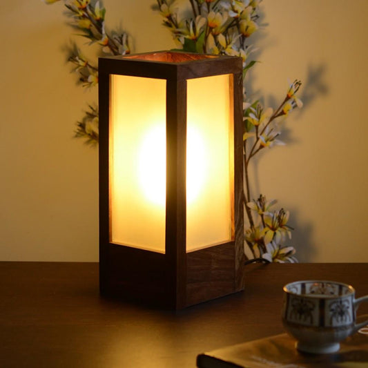 Modern Frosted Glass Wooden Table Lamp In Sheesham Wood