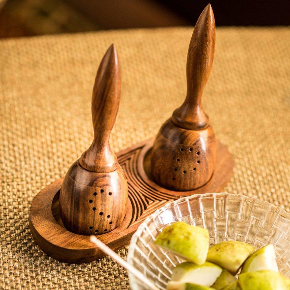 Unique Slanting Salt & Pepper Shaker With Tray In Sheesham Wood