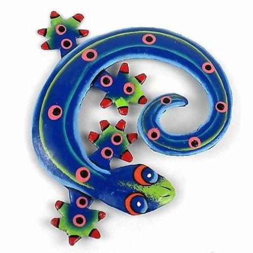 Hand Painted Round Metal Gecko Blue Green Design - Caribbean Craft
