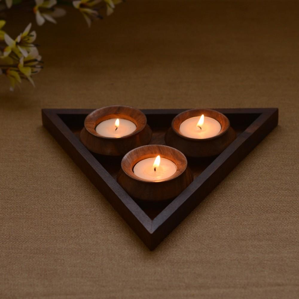 Wooden Tealight Holder Set With Base Tray Table