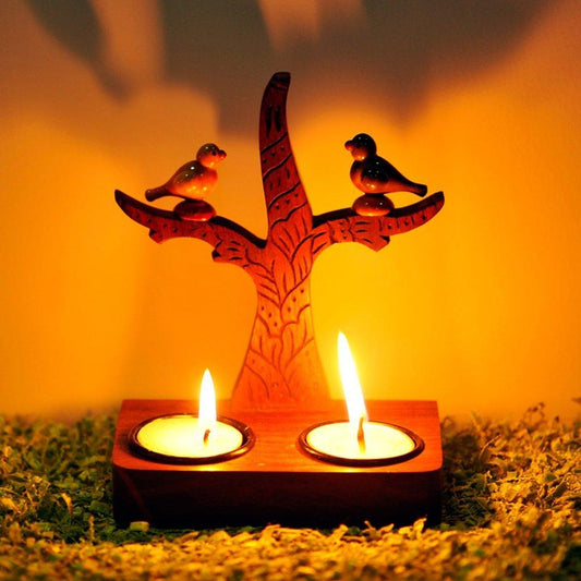 Tree Of Life & Parrots Wall Cum Table Wooden Tealight Holder