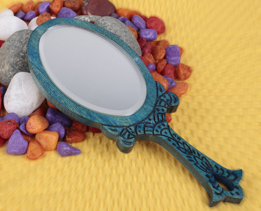 Wooden Small Blue Oval Royal look Hand Mirror