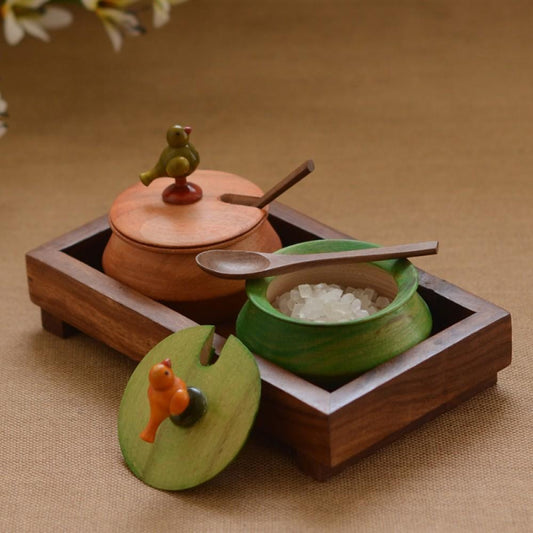 Multicoloured Wooden Parrot Jar Set With Tray & Spoon